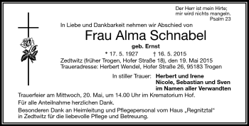 Traueranzeige von Alma Schnabel von Frankenpost