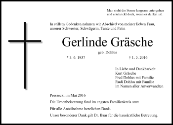 Traueranzeige von Gerlinde Gräsche von Frankenpost