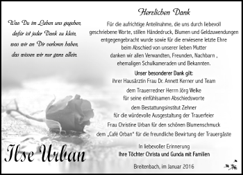 Traueranzeige von Ilse Urban von Südthüringer Presse