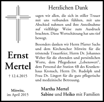Traueranzeige von Ernst Mertel von Neue Presse Coburg