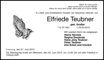 Traueranzeige von Elfriede Teubner von Neue Presse Coburg