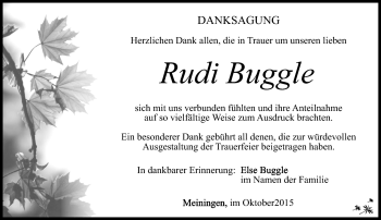 Traueranzeige von Rudi Buggle von Südthüringer Presse