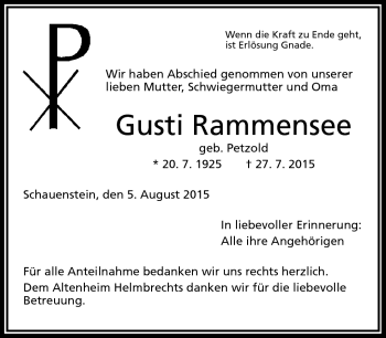 Traueranzeige von Gusti Rammensee von Frankenpost