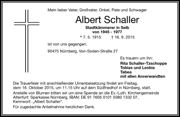 Traueranzeige von Albert Schaller von Frankenpost