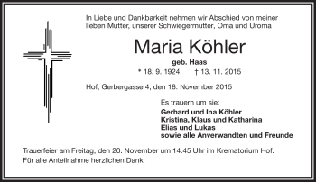 Traueranzeige von Maria Köhler von Frankenpost