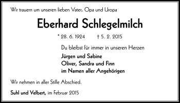 Traueranzeige von Eberhard Schlegelmilch von Südthüringer Presse