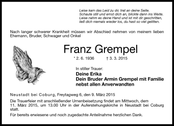 Traueranzeige von Franz Grempel von Neue Presse Coburg