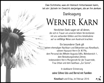Traueranzeige von Werner Karn von Südthüringer Presse