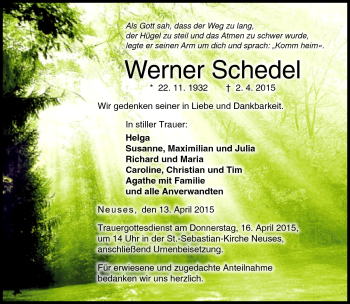 Traueranzeige von Werner Schedel von Neue Presse Coburg