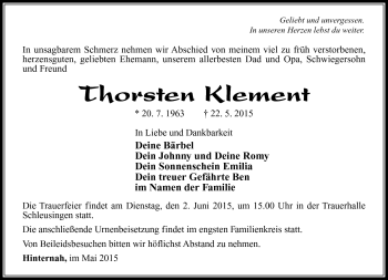 Traueranzeige von Thorsten Klement von Südthüringer Presse