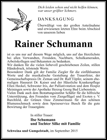 Traueranzeige von Rainer Schumann von Südthüringer Presse