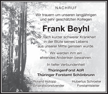 Traueranzeige von Frank Beyhl von Südthüringer Presse