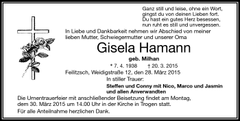 Traueranzeige von Gisela Hamann von Frankenpost