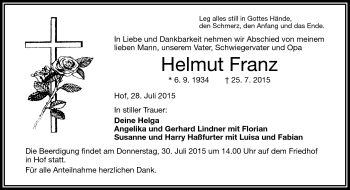 Traueranzeige von Helmut Franz von Frankenpost
