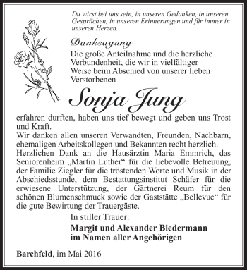 Traueranzeige von Sonja Jung von Südthüringer Presse