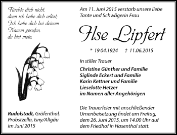 Traueranzeige von Ilse Lipfert von Südthüringer Presse