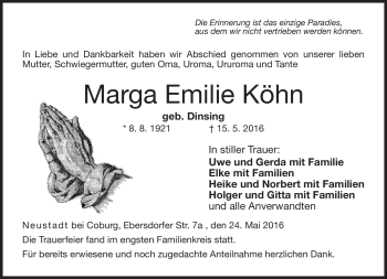 Traueranzeige von Marga Emilie Köhn von Neue Presse Coburg