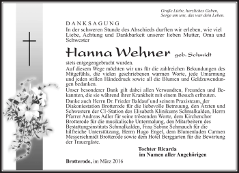 Traueranzeige von Hanna Wehner von Südthüringer Presse
