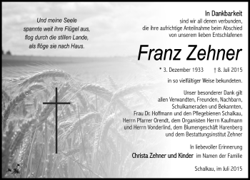 Traueranzeige von Franz Zehner von Südthüringer Presse