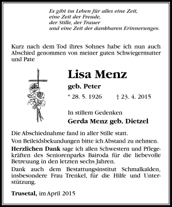 Traueranzeige von Lisa Menz von Südthüringer Presse