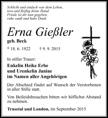 Traueranzeige von Erna Gießler von Südthüringer Presse