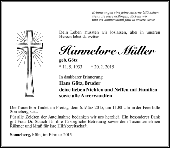 Traueranzeige von Hanenlore Müller von Südthüringer Presse