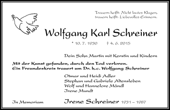Traueranzeige von Wolfgang Karl Schreiner von Frankenpost