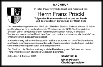 Traueranzeige von Franz Pröckl von Frankenpost