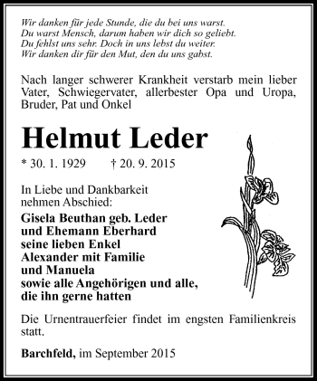 Traueranzeige von Helmut Leder von Südthüringer Presse