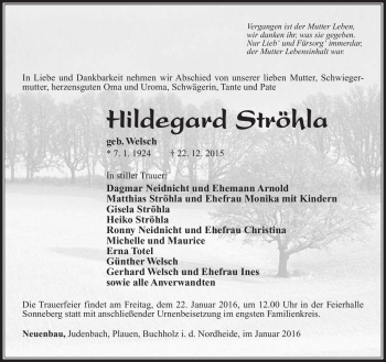 Traueranzeige von Hildegard Ströhla von Südthüringer Presse