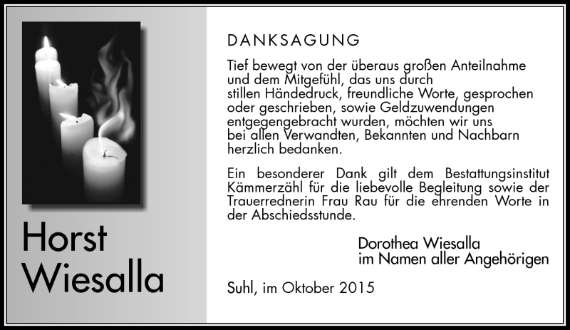  Traueranzeige für Horst Wiesalla vom 24.10.2015 aus Südthüringer Presse