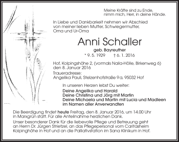 Traueranzeige von Anni Schaller von Frankenpost