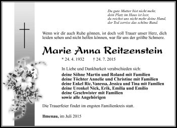 Traueranzeige von Marie anna Reitzenstein von Südthüringer Presse