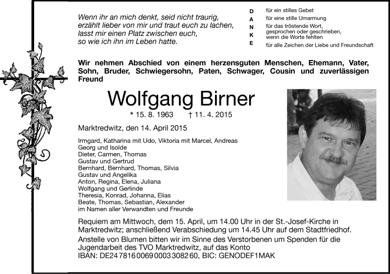  Traueranzeige für Wolfgang Birner vom 14.04.2015 aus Frankenpost