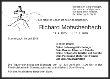 Traueranzeige von Richard Motschenbach von Frankenpost