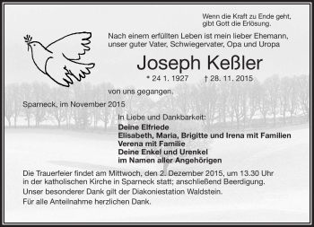 Traueranzeige von Joseph Keßler von Frankenpost