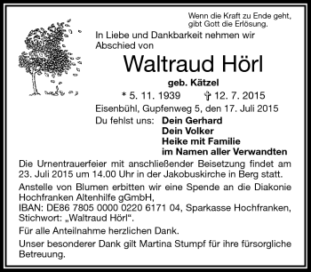Traueranzeige von Waltraud Hörl von Frankenpost