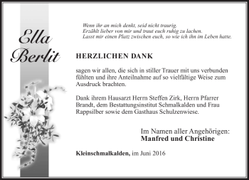 Traueranzeige von Ella Berlit von Südthüringer Presse