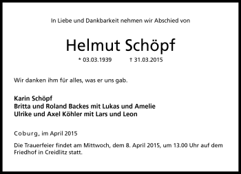 Traueranzeige von Helmut Schöpf von Neue Presse Coburg