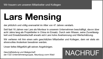 Traueranzeige von Lars Mensing von Südthüringer Presse