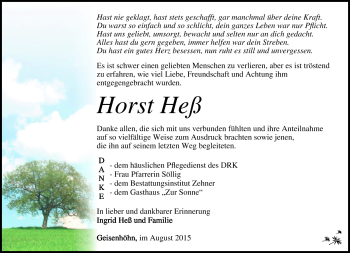 Traueranzeige von Horst Heß von Südthüringer Presse
