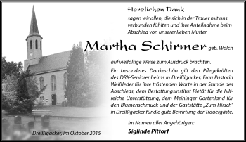Traueranzeige von martha Schirmer von Südthüringer Presse
