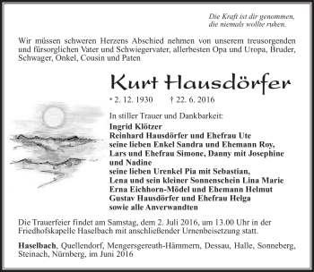 Traueranzeige von Kurt Hausdörfer von Südthüringer Presse