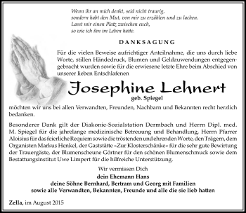 Traueranzeige von Josephine Lehnert von Südthüringer Presse