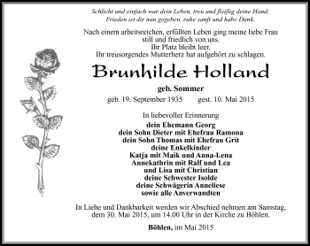 Traueranzeige von Brunhilde Holland von Südthüringer Presse