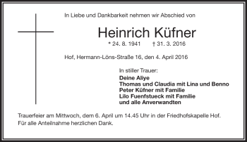Traueranzeige von Heinrich Küfner von Frankenpost