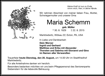 Traueranzeige von Maria Schemm von Frankenpost