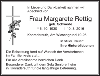Traueranzeige von Margarete Rettig von Frankenpost
