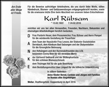 Traueranzeige von Karl Rübsam von Südthüringer Presse