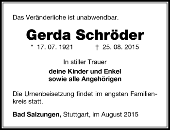 Traueranzeige von gerda Schröder von Südthüringer Presse